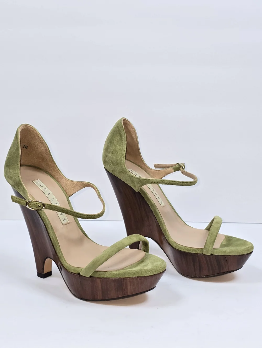 Pura Lopez Green Suede Countour Wood Wedge Platform Sandals Ankle Strap 38 - Picture 2 of 14